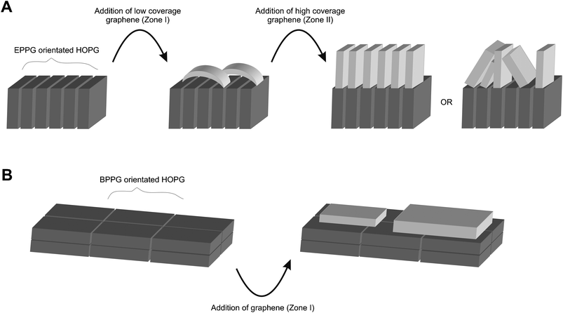 A schematic representation of the differentiating orientations of graphene sheets encountered depending upon the architecture of the underlying substrate, where variations occur between low and high coverage's in the case of modifying an EPPG electrode(A), and the modification of a BPPG electrode(B) results in a singular orientation.