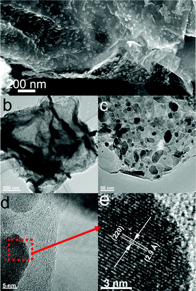 (a) SEM, (b) and (c) TEM, (d) HRTEM images of M1-GNS, and (e) enlarged HRTEM image of the selected area marked by a box in (d).