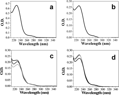 UV absorption spectra of Taxol in methanol. a) Standard Taxol. b) Taxol extracted from SM-TNs after isolation from phosphoric acid solution. c) 200 nm SM-TN dispersed in PBS solution, ultrasonicated then incubated at 37 °C. The absorption at λmax = 227 nm decreases from an initial value of 0.262 to 0.233 over the course of 16 h. d) 35 nm SM-TN dispersed in PBS solution and incubated at 37 °C. The absorption at λ = 227 nm decreases from an initial value of 0.217 to 0.176 over the course of 16 h.