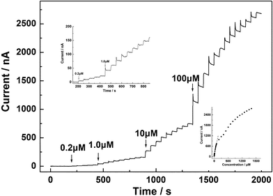 Amperometric response of CS/GC electrode to successive addition of different concentrations of NADH in 0.1 M phosphate buffer (pH 7.0) saturated with N2, at an applied potential of +0.15 V. Upper inset, amplified response curve for lower NADH concentration. Lower inset, plot of chronoamperometric current vs.NADH concentration.