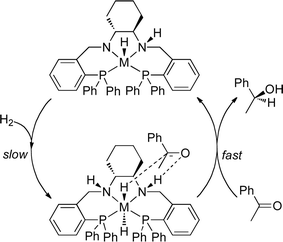 Proposed outer-sphere with ligand assistance (HOL) mechanism for the hydrogenation of acetophenone for Ru and possibly Fe.26