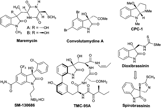 Selected examples of natural products and bioactive compounds containing 3-substituted 3-hydroxyoxindole motifs.