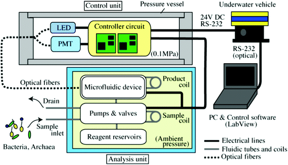 Schematic overview of IISA-Gene. The analysis unit, whose components are immersed in fluorinated oil, is connected to the control unit enclosed in a pressure vessel via underwater cables and optical fibers. The IISA-Gene is connected to the underwater vehicle, which acts as the power supply (24 V DC), and it is controlled by a remote operator on a surface vessel using a PC.