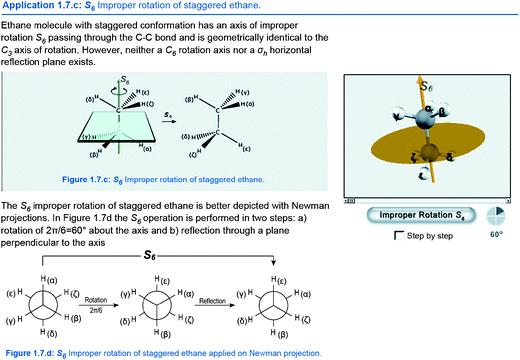 Detail from interactive lecture notes with descriptive textual, depictive 2D symbolic and interactive 3D representations of molecular symmetry concepts (translated from Greek original).