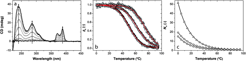 (a) Circular dichroism spectra of 1a recorded in methylcyclohexane (MCH) (c = 1.0 × 10−5 M) at 10 °C intervals while cooling from 90 to 0 °C (arrows indicate decreasing temperature). (b) Degree of aggregation, ϕn, calculated from the molar circular dichroism at 286 nm, as a function of temperature for different concentrations of 1a in MCH: (□) 1.0 × 10−5 M, (○) 5.0 × 10−5 M and (△) 3.5 × 10−4 M, with corresponding fit based on a sigmoidal function. (c) Dependence of stack length, Nn, on temperature at the same concentrations: (□) 1.0 × 10−5 M, (○) 5.0 × 10−5 M and (△) 3.5 × 10−4 M.