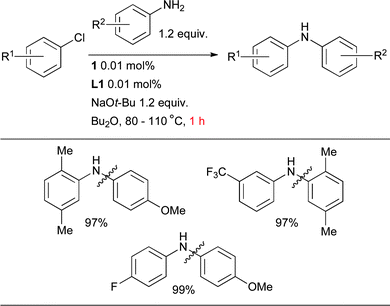 The selective arylation of 1° anilines can be conducted with high efficiency using L1.