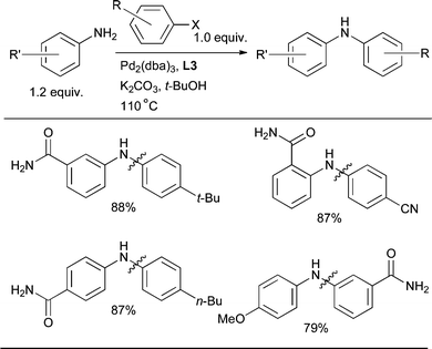 
            L3-based catalysts allow the selective arylation of an aniline in the presence of a primary amide.83