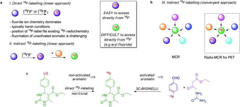 Convergent Radiosynthesis: radio-MCR with 18F-Labelled Building Blocks. a. linear radiosynthesis to 18F-labelling; b. a convergent retro-radiosynthetic approach to access 18F-radiotracers not accessible upon direct 18F-fluorination; c. MCR Biginelli reaction with 18F-labelled benzaldehyde; LG = leaving group.