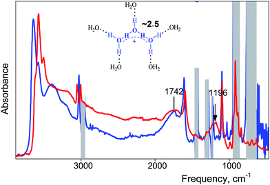 
            IR spectrum of crystal H(CHB11I11)·8H2O (red) in comparison with spectrum of [H7O3+ · 5H2O](CHB11I11) acid in dichloromethane solution (blue).