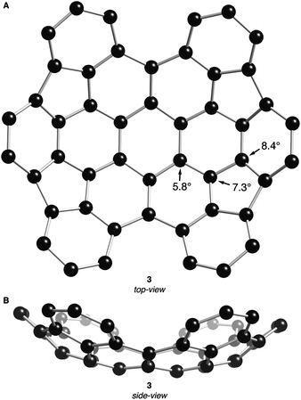(A) Top- and (B) side-view DFT calculated structure of 3. POAV angles at their corresponding carbon atoms. Carbons are shown with black spheres. Hydrogen atoms have been removed for clarity.