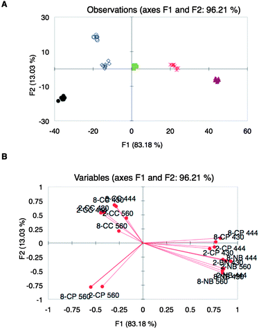 
            UV-vis response using array Z: (A) LDA score plot of UV-vis responses from different wine varietals: Beaujolais (), Zinfandel (), Pinot Noir (), Shiraz (●), Merlot (), Cabernet Sauvignon (). (B) Corresponding variable correlation plot: first numbers correspond to the peptide, letters are the metal–indicator pairs, and last numbers correspond to the wavelengths at which the absorbance was taken.