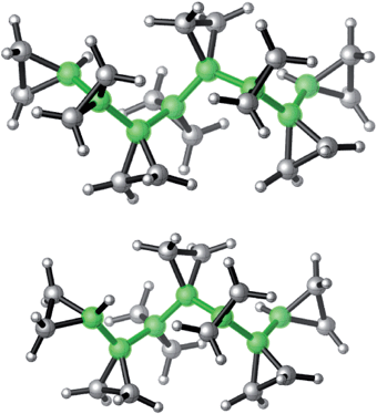 Molecular structures of ivyanes based upon coordinates obtained from single-crystal X-ray analyses: (top) molecular structure of [8]ivyane; (bottom) molecular structure of [7]ivyane. Helical chains are highlighted green.14