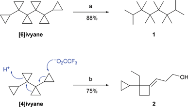 Ring-opening transformations of ivyanes. Reagents and conditions: (a) PtO2 (0.4 mol equiv.), CH3COOH, H2 (1.6 atm), 40 °C, 12 h. (b) (i) CF3COOH (6 mol equiv.), CH2Cl2, rt, 6 h; (ii) KOH, MeOH, rt, 2 h.