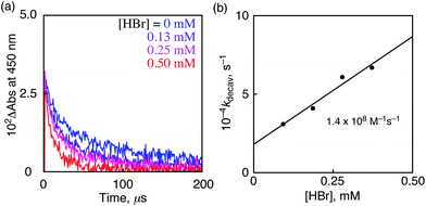 (a) Transient absorbance time profiles at 450 nm due to TMB˙+ in the absence and presence of HBr (0–0.50 mM) in O2-saturated MeCN containing Acr+–Mes (0.2 mM) after nanosecond laser flash photolysis (λex = 430 nm); (b) plot of kdecayversus [HBr] for the reaction of TMB˙+ with HBr.