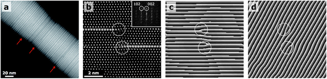 Partial octahedral layers. (a) Z-contrast STEM image of a 10/10 IGZO nanowire showing diameter fluctuations with inclusion density. The arrows indicate the presence of partial inclusions, all of which are connected to one side of the nanowire. (b) HRSTEM image of IGZO oriented on the [010] zone axis with two incomplete MO2−layers and the corresponding FFT (inset). (c and d) Moiré images takes along the 002 (b) and 102 (c) reflections clearly showing the presence of edge dislocations at the end of each incomplete MO2− layer.