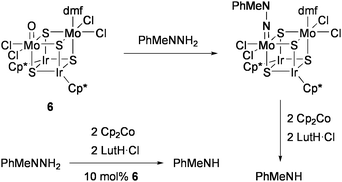 
            Reduction of organohydrazine via formation of hydrazido(2−) ligand on the Mo2Ir2S4 cluster.