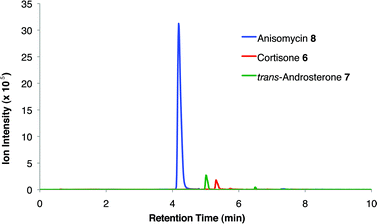 Extracted ion chromatograms of alcohols captured from Streptomyces griseolus broth. Endogenously-produced anisomycin (8) was captured (30.5 nmol, 82% recovery). Two additional alcohols were spiked into the extract (223 nmol each) and enriched, cortisone (6, 113 nmol, 51% recovery) and trans-androsterone (7, 119 nmol, 53% recovery).