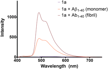 
          Emission spectra of (a) 25 μM of complex 1a (); (b) 25 μM Aβ1–40peptide monomer in 25 μM of complex 1a () and (c) 1 h incubated Aβ1–40fibrils (with 25 μM in monomeric concentration) in 25 μM complex 1a (). Excitation wavelength = 365 nm.