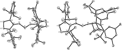 Molecular views (with 50% thermal ellipsoids) of one of the three molecules of 4 (left) and 8 (right) in the solid state. For clarity, the hydrogen atoms have been omitted. Selected bond lengths (Å) and angles (deg). 4: P1-N2, 1.657(2); P1-N1, 1.658(2); N1-C4, 1.272(4); N2-C1, 1.277(4); N2-P1-N1, 96.75(13). 8: P1-N5, 1.572(5); P1-N1, 1.634(5); N1-C1, 1.286(7); V1-N5, 1.806(4); V1-N6, 1.902(5); V1-N7, 1.898(4); N1-P1-N5, 109.5 (3).