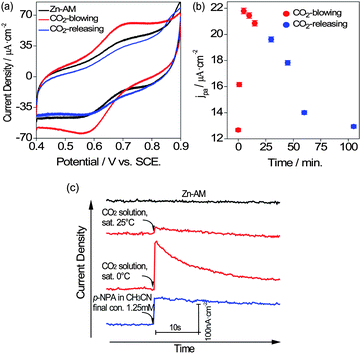 (a) The comparison of CV plots between free Zn-AM and the Zn-AM catalyzing on CO2 gas substrate in 1 M NaClO4, 25 °C. (b) Effect of CO2 gas substrate on the anodic current density of Zn-AM over time in 1 M NaClO4, 25 °C. (c) The comparison of i-t curves between free Zn-AM and the Zn-AM catalyzing various substrates. Applied potential, +0.30 V, 0.73 M NaClO4/0.09 M Tris buffer solution, pH 7.51, 25 °C.