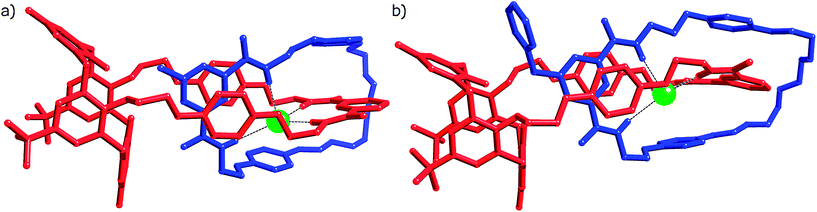 X-ray crystal structures of catenanes a) 4Cl and b) 5Cl. Solvent molecules and hydrogen atoms have been omitted for clarity. Chloride anion represented as a spacefill green sphere.