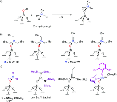a) Grafting of an organometallic compound onto a silica surface. b) Perhydrocarbyl silica-supported surface species. c) Examples of amido- and alkoxy-based surface species.