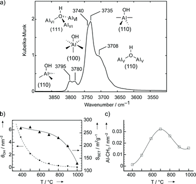 a) Infrared spectrum of γ-Al2O3 dehydroxylated at 500 °C in vacuum (1.77 × 10−3 Pa). Assignment of the OH-bands according to Digne et al.40b b–c) Influence of thermal treatment on the surface of γ-alumina: b) Surface OH coverage (θOH, dotted line); Surface area (SBET, solid line). c) Abundance of Al–CH3 (C–H activation) upon contact with CH4. Adapted from ref. 43.
