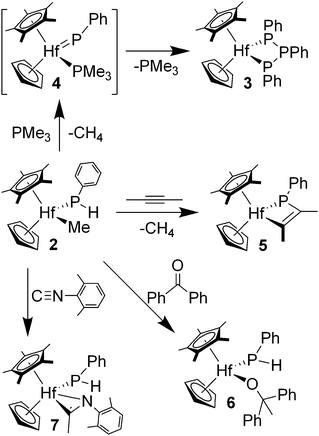 Trapping reactions of CpCp*HfMe(PHPh) (2).