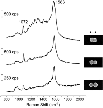 Nanocube dimers oriented face-to-face generate SERS intensity higher than other dimer configurations. The polarization is along the dimer axis of 100-nm silver particles, and the Raman reporter molecule was 4-methylbenzenethiol. Reprinted with permission from ref. 19. Copyright 2010 Elsevier B.V.