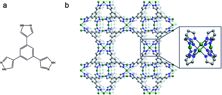 Scheme of the pyrazole-based ligand 1,3,5-tris(1H-pyrazol-4-yl)benzene, H3BTP (a) and portions of the structure of Ni3(BTP)2·3CH3OH·10H2O (1m), as determined from powder X-ray diffraction data. (b) Green, blue, and gray spheres represent Ni, N and C atoms, respectively; H atoms and solvent molecules are omitted for clarity. The inset shows the square-planar Ni4 cluster bridged by eight pyrazolate rings. The compound Cu3(BTP)2·8CH3OH·10H2O (2) is isostructural. Selected bond distances (Å) and angles (°) for the structures of 1 and 2, respectively: M–N 2.0200(4) and 2.1225(6); M⋯M 3.118(6) and 3.013(7); N–M–N 77.4(2), 102.6(2), 178.9(3) and 73.7(2), 106.0(2), 174.4(3); M–N–N 64.2(1), 116.7(1) and 67.1(1), 117.3(1). Please note that in both cases, the crystallographically independent portion of the BTP3− ligand has been modeled by means of a rigid body.19