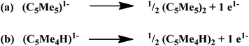 (a) Half reaction of sterically induced reduction (SIR)32, 33 by (C5Me5)3M complexes and (b) the analogous half reaction for (C5Me4H)1−.