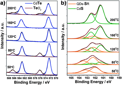 (a) Te 3d and (b) S 2p XPS spectra of CdTe or CdTe/CdS QDs prepared at different reaction temperature.