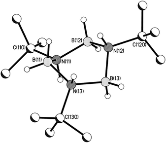 Molecular structure of the borazane 9. Only one of the four crystallographically-independent molecules in the unit cell is shown. H-atoms on the tBu groups are also not shown for clarity. Selected bond lengths (Å) and angles (°) (means over all four independent molecules): B–N 1.58(1), N–B–N 108.6(8), B–N–B 111.2(8).