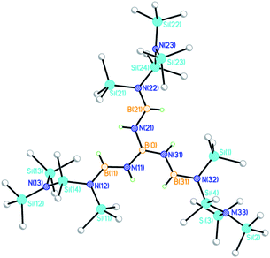 Molecular structure of 10. Disorder of one of the N(SiMe3)Si(Me2)N(SiMe3)2 groups has been omitted for clarity. Selected bond lengths (Å) and angles (°); B(0)–N(11,21,31) range 1.37(2)–1.46(2), N(11,21,31)–B(11,21,31) range 1.40(2)–1.47(2), B(11,21,31)–N(12,22,32) range 1.41(2)–1.49(2), Si–N range 1.64(2)–2.03(2), N–B(0)–N range 118(1)–121(1), B4N6 core atoms within 0.1 of a plane.