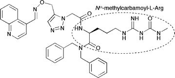 The 1,5-disubstituted triazolechitinaseinhibitor synthesized in situ by Omura and coworkers. The compound yielded double-digit nanomolar IC50 values for Serratia marcescens chitinases A and B. The outlined Nω-methylcarbamoyl-l-arginine moiety is a structural feature shared with the macrocyclic polypeptideargifin, which is responsible for forming stabilizing hydrogen bonding interactions in the active sites of many known chitinases.