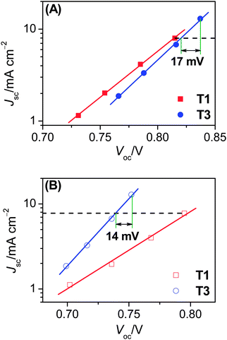 Plots of short-circuit photocurrent density (Jsc) versus open-circuit photovoltage (Voc) for cells with the (A) cobalt and (B) iodine electrolytes under different illuminations.