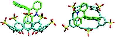 Crystal structure of the 2·LCG complex, side and top view. Note that the oxygen atoms of one of the sulfonato groups are delocalised over 6 positions; for clarity only 3 are shown.