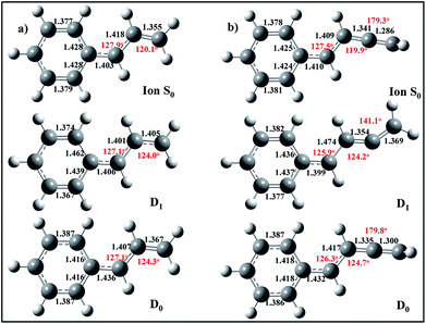 Ground state (D0), excited state (D1) and ground state ion (So) geometries for (a) trans-1-phenylallyl and (b) trans-benzylallenyl radicals (B3LYP/6-311+G(d,p)).