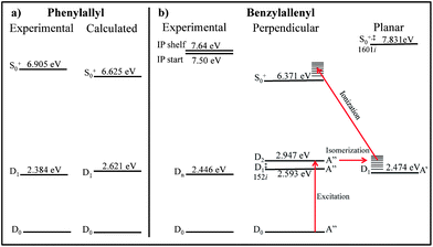 Experimental and calculated energy levels for (a) 1-phenylallyl and the two geometries of (b) benzylallenyl radicals. The red arrows show the proposed path from D0 of benzylallenyl radical to S0 of the ion. Energies of phenylallyl and S0 of benzylallenyl were calculated at TD/B3LYP/cc-pVDZ level of theory, while the doublet states of benzylallenyl were optimized using RI-CC2/cc-pVDZ in TURBOMOL. +Ion state, ‡Transition state. The imaginary frequencies (XXXi) correspond to torsion of the terminal hydrogens of the allene moiety.