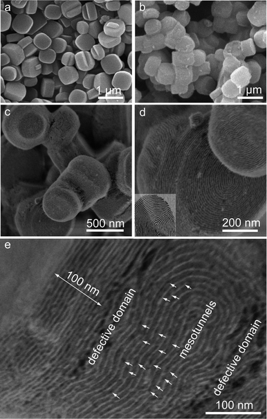 
            SEM images of pristine Silicalite-1 crystals and calcined S@S15-45-100: highly dispersed pristine Silicalite-1 single-crystal particles (a); uniform core–shell particles without SBA-15 by-products (b) and (c); the surface structure of a core–shell particle indicating fingerprint-like mesopore channels regularly arranged on Silicalite-1 single-crystals in parallel (d); HRSEM image of a local domain for a core–shell particle showing the defective connections of shells on adjacent crystal faces and plenty of mesotunnels located in silica walls (e). Inset in (d) is a picture of a fingerprint.