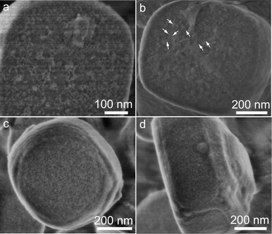 Mesostructure evolutions of SBA-15 shells on zeolite single-crystal particles after addition of silica source TEOS in the case of S@S15-45-100: disordered mesostructured silicate coating with randomly distributed spherical pores after 15 min (a); appearance of short-range cylinder pores after 30 min (b), indicating the continuous arrangement of mesostructured silicate on zeolite particles; ordered 2-D hexagonal mesostructures with a plenty of small particles after 1440 min (c, d).