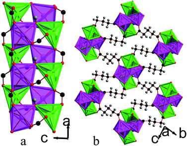 Structure of compound 5 in a) the ac plane and b) the bc plane. In the online version the colours are the same as Fig. 6.