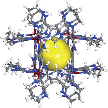 Crystal structure of the metal–organic cube (MOC) in 1, the twelve chloride counterions are omitted for clarity. Yellow sphere represent the largest sphere with diameter ∼4 Å that can fit inside the MOC excluding the vdW radii of inward atoms. C (gray), N (blue), H (white), Co (red).