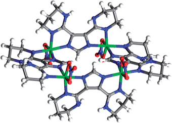 Crystal structure of 2, NiII molecular square. Carbon (gray), nickel (green), nitrogen (blue), oxygen (red), hydrogen (white). DMF solvent molecules omitted for clarity.