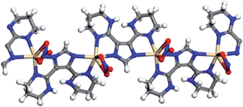 Crystal structure of 3, molecular chains of [Cd(L1)(NO3)]n, Carbon (gray), cadmium (buff), nitrogen (blue), hydrogen (white), oxygen (red). DMF solvent molecules omitted for clarity.