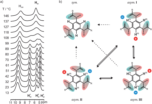 (a) Variable temperature 1H NMR spectra of N-BTA 3 in the low field region from 11 to 4 ppm. (b) Schematic illustration of the two possible mechanisms which would lead to indistinguishable aryl protons in the 1H NMR of N-BTA 3. First, a conversion of asymmetric configurations into a symmetric stack (sym.) with even orientation of hydrogen bonds (dashed arrows). Second, a fast interconversion of three asymmetric configurations asym.I to III (solid arrows). In the second mechanism, the inverted amide group shifts the position, which, in turn, changes the polarization impact on the aryl protons represented by the blue and red dots. It should be noted that the molecules are uniformly hydrogen-bonded and intermolecular shielding effects in the column also affect the bulk chemical shifts. However, other molecules and the explicit representation of hydrogen bonds have been omitted in this figure for clarity.