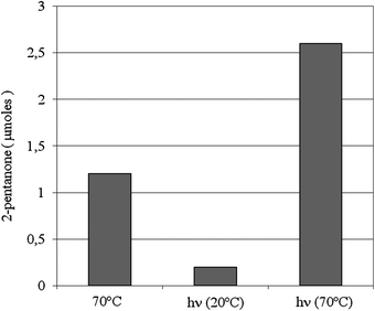 Micromoles of 2-pentanone obtained when Au-np/CeO2 was suspended in a deaerated mixture of 2-pentanol and toluene containing DMPO. Entry 1: 20 min of reaction at 70 °C. Entry 2: 20 min of irradiation (λ > 300 nm) at 20 °C. Entry 3: 20 min of irradiation at 70 °C.