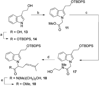 (a) TBDPSCl, Et3N, DMAP, CH2Cl2, 18 h, rt; 89%. (b) KOt-Bu, 0 °C, 1h; methyl bromoacetate, rt, 18 h; 50% (72% BORSM). (c) N-methylaminoethanol, NaOMe, THF, rt, 2 h; 73%. (d) LDA, LiCl, THF, −78 °C, 1 h; 0 °C, 15 min; rt, 5 min; Me2CCCHCH2Br (15), 0 °C, 2 h; 93%. (e) dimethyl carbonate, NaOMe, CH2Cl2, rt, 18 h; 96%.