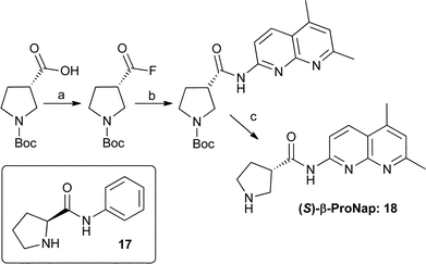 Synthesis of β-ProNap, [(a) Cynanuric Fluoride, CH2Cl2 (quant.), (b) 5,7-dimethyl-1,8-naphthyridin-2-amine, pyridine, DMF (71%) and (c) TFA, CH2Cl2 (93%) and structure of the other Proline-amide investigated for deactivation by aldehydes.