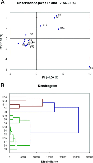 Variation in sensor responses to the eight toxic gases, as shown by Principal Component Analysis (PCA) and Agglomerative Hierarchical Clustering (AHC) analysis. (A) 2-D projection of the multidimensional principal components data for the sensors, showing scattering of the total responses. (B) Dendrogram showing similarities and relationships between response patterns of the 15 sensors.